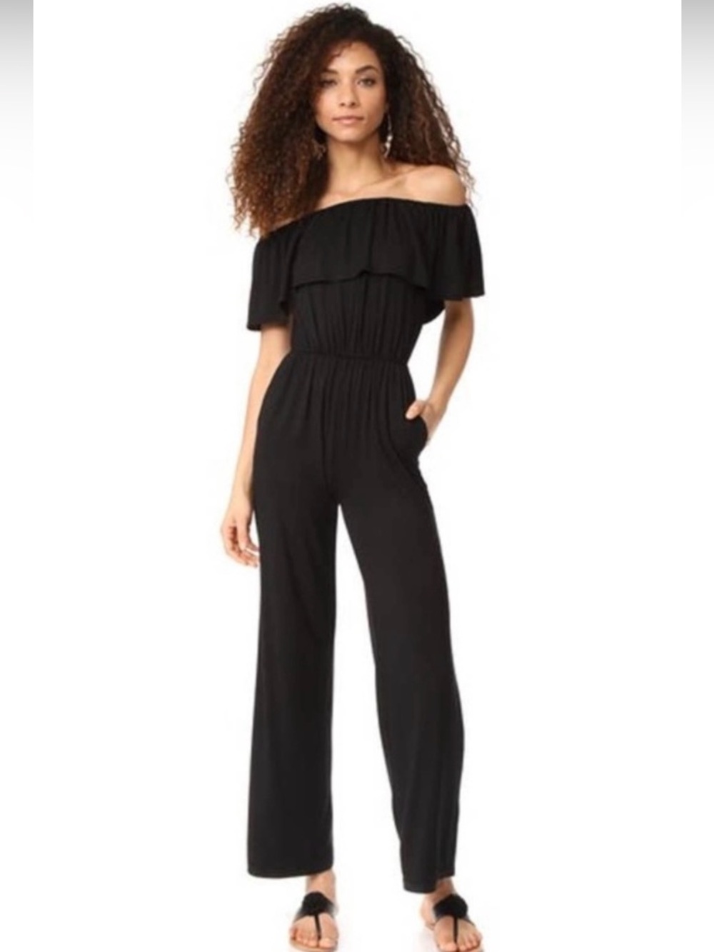 BB Dakota Black Off-Shoulder Ruffle Jumpsuit